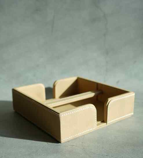 Sand Beige PU Leather Tissue Holder with Weighted Bar Design Elegant Tabletop Napkin Dispenser