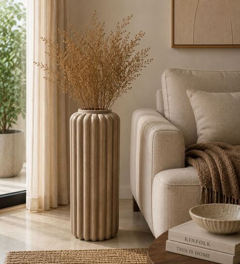 Sand Finish Elegant Fluted White Decorative Vase