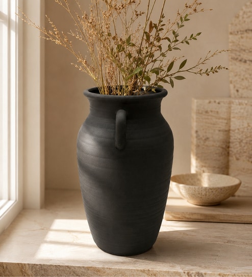 Sand Finish Rustic Vase with Handles Vintage Style Flower Vase