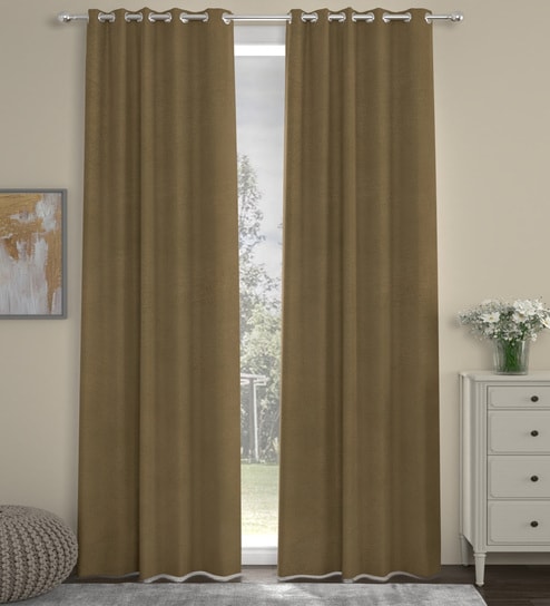 Sand Velvet Solid 7ft Regular Eyelet Door Curtains (2 Pc)