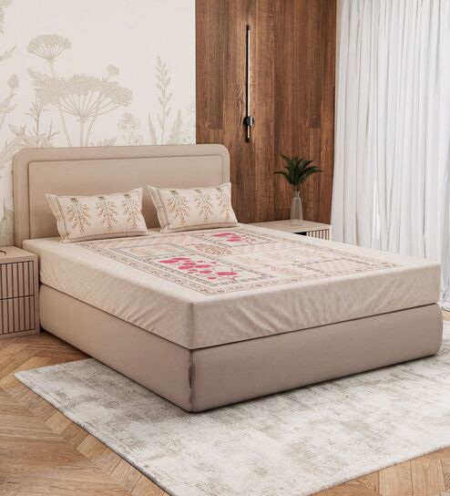Beige Floral 180 TC Cotton King Sized Bedsheet With 2 Pillow Covers