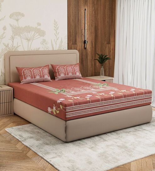 Brown Floral 180 TC Cotton King Sized Bedsheet With 2 Pillow Covers