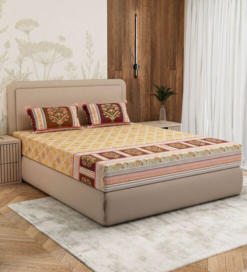 Mustard Floral 180 TC Cotton King Sized Bedsheet With 2 Pillow Covers