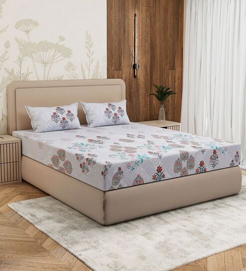 Grey Ornamental Block 180 TC Cotton King Sized Bedsheet With 2 Pillow Covers