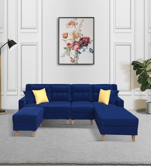 Santiago Fabric 6 Seater LHS Sectional Sofa with Ottoman in Blue Colour