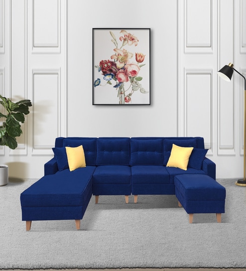 Santiago Fabric 6 Seater RHS Sectional Sofa with Ottoman in Blue Colour
