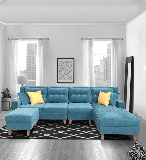 Santiago Fabric 6 Seater LHS Sectional Sofa with Ottoman in Green Colour