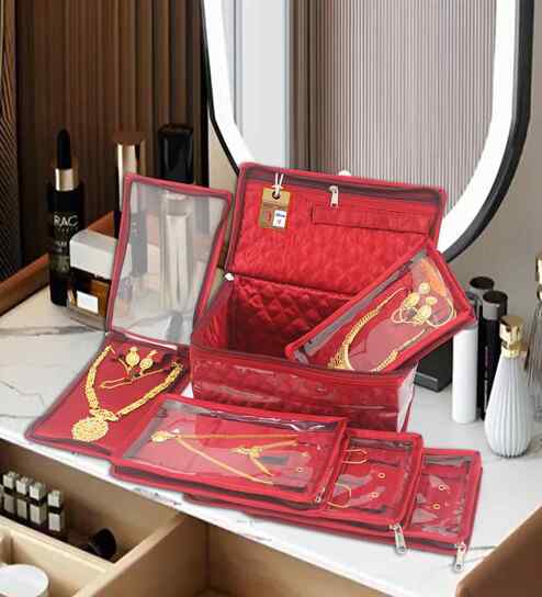 Maroon Satin Necklace Jewellery Organizer Bag with 5 Pouches