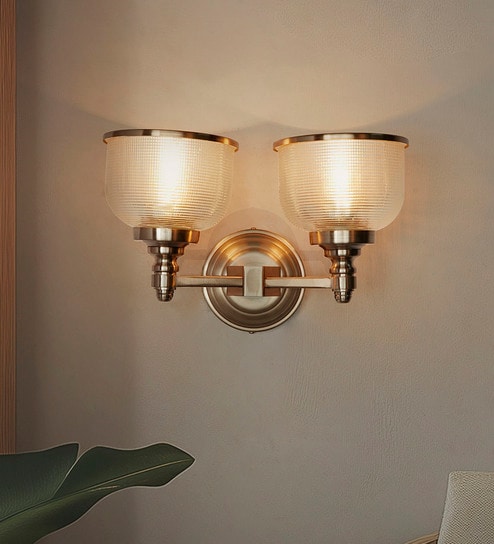 Satin Steel Double Wall Sconce with Rimmed Glass Shades