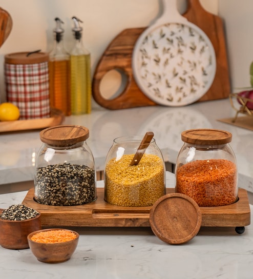 Set of 4 Savor Storage Jar Set Glass & Acacia Wood with Tray