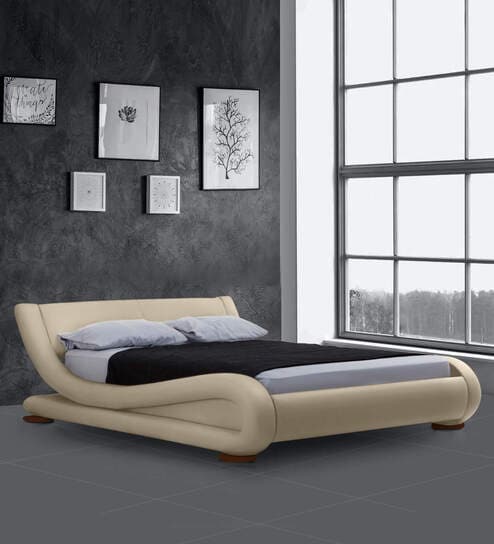 Savvy Leatherette Upholstered King Size Bed in Light Beige Colour