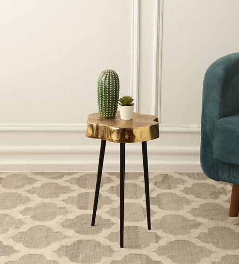 Sawed Log Metal End Table in Gold Colour