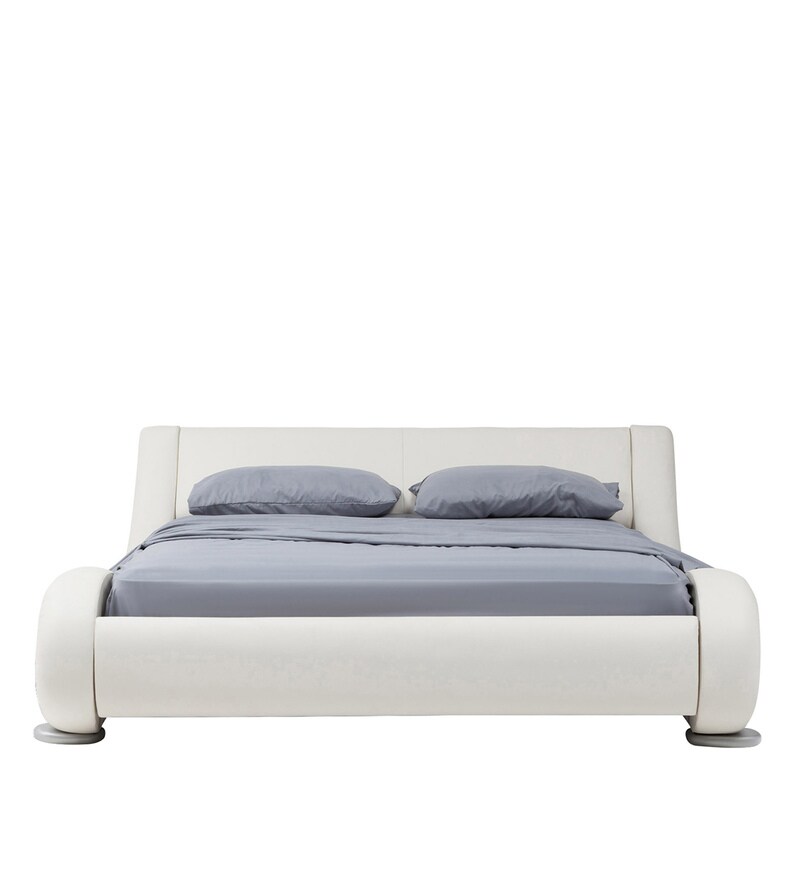 Buy Savvy Leatherette Upholstered Queen Size Bed in White Colour Online