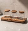 Set of 4 Savor Storage Jar Set Glass & Acacia Wood with Tray