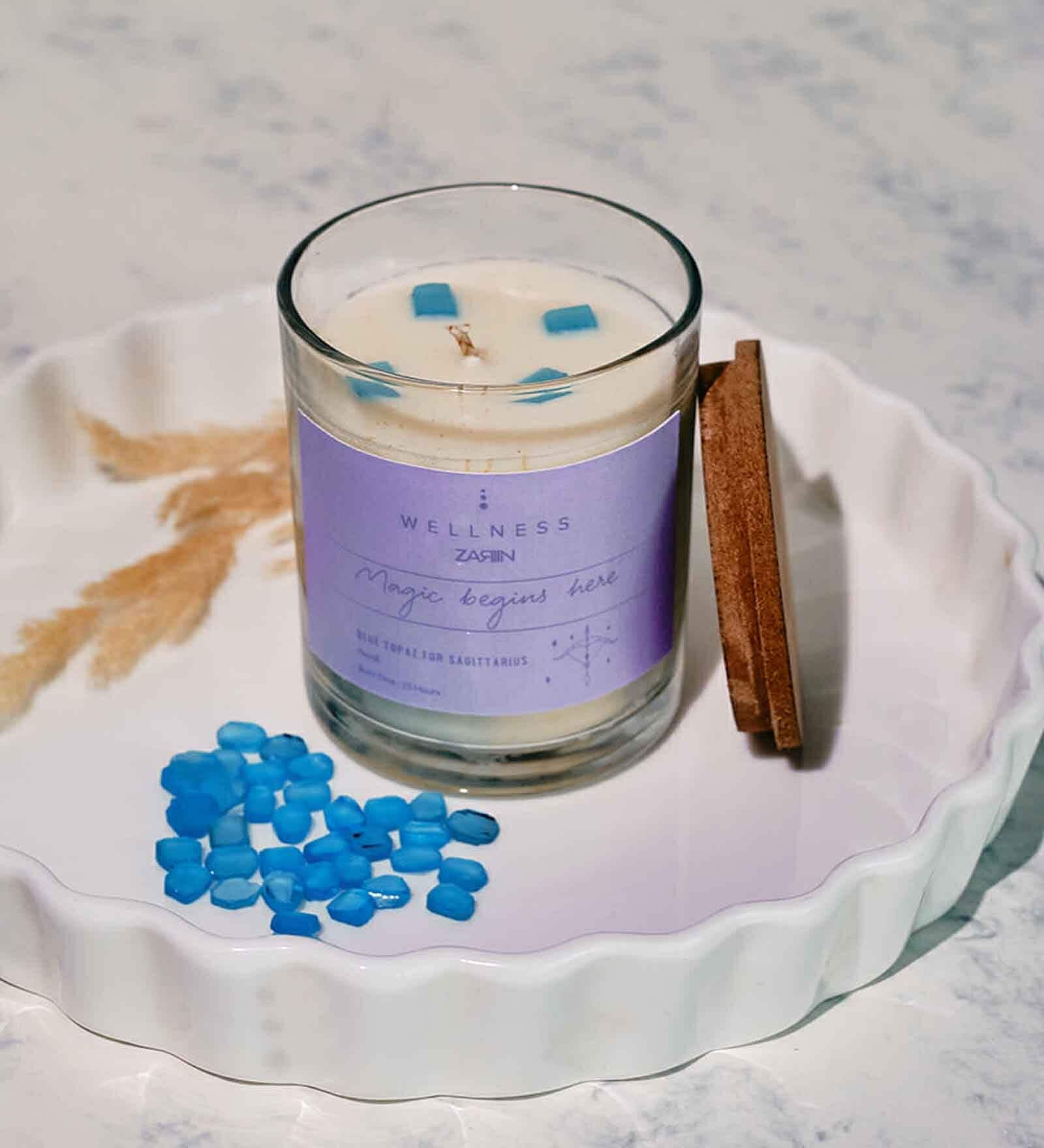Sagittarius Zodiac Candle Glass & Wax With Blue Topaz Stone