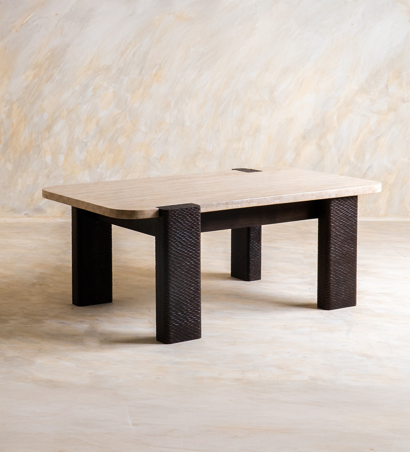 Sculpt Edge Marble Top Coffee Table In Dark Walnut Finish