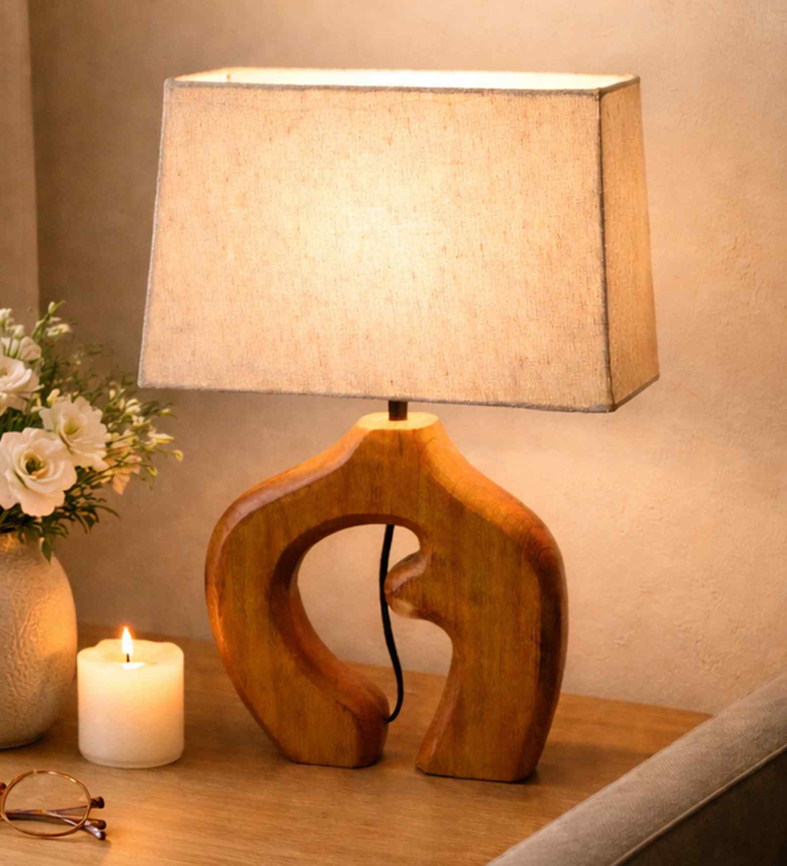 Sculpted Wood Table Lamp with Fabric Shade