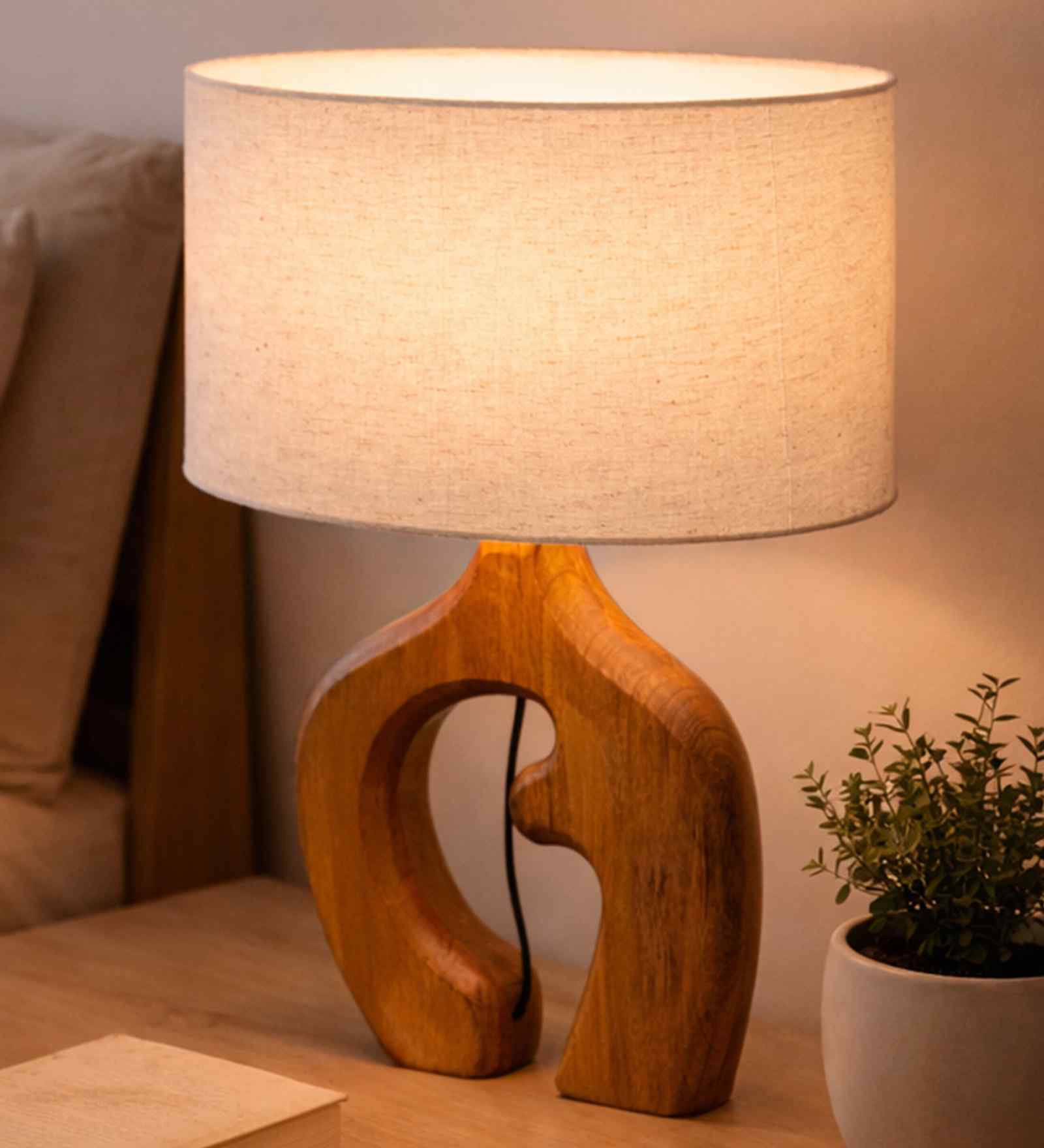 Sculpted Wood Table Lamp with Fabric Shade