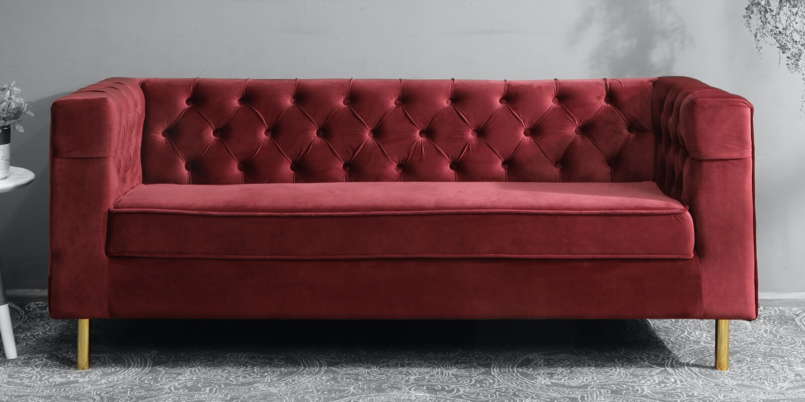 Buy Estevan Velvet 3 Seater Sofa In Berry Red Colour at 10% OFF by ...