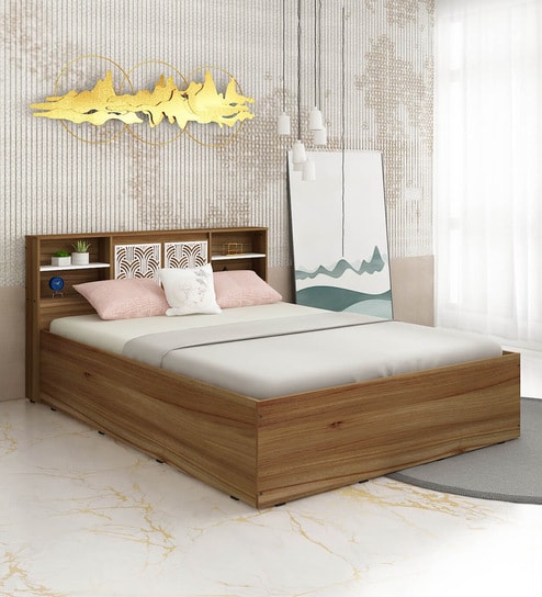 Scout Queen Size Bed in Lyon Teak Finish with Box Storage