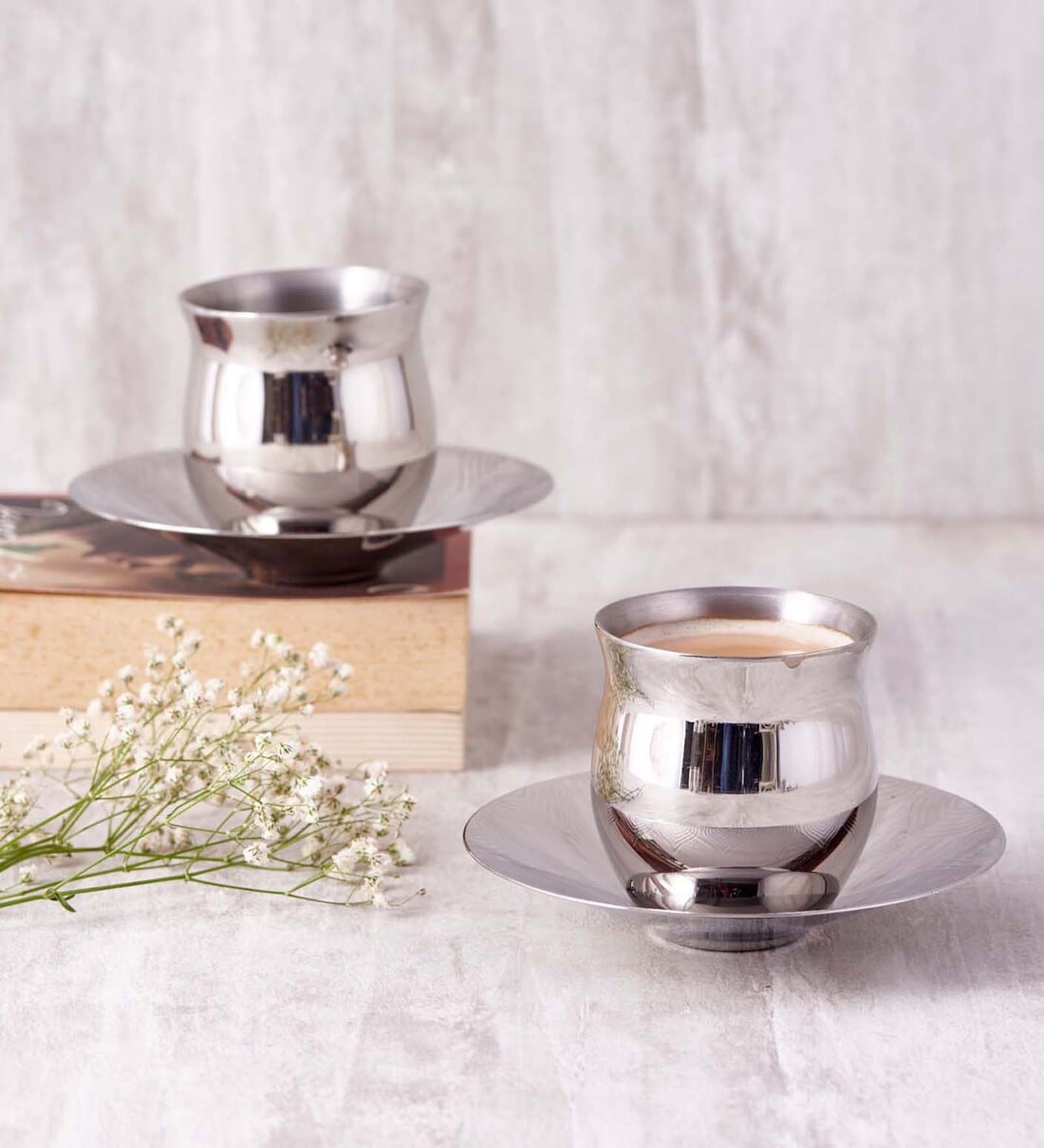 Buy Seamless Belly Stainless Steel Cup & Saucer (Set of 2) by Arttd
