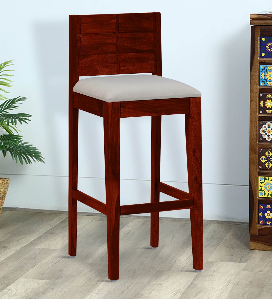 Buy Segur Sheesham Wood Full Back Bar Stool In Honey Oak Finish with ...