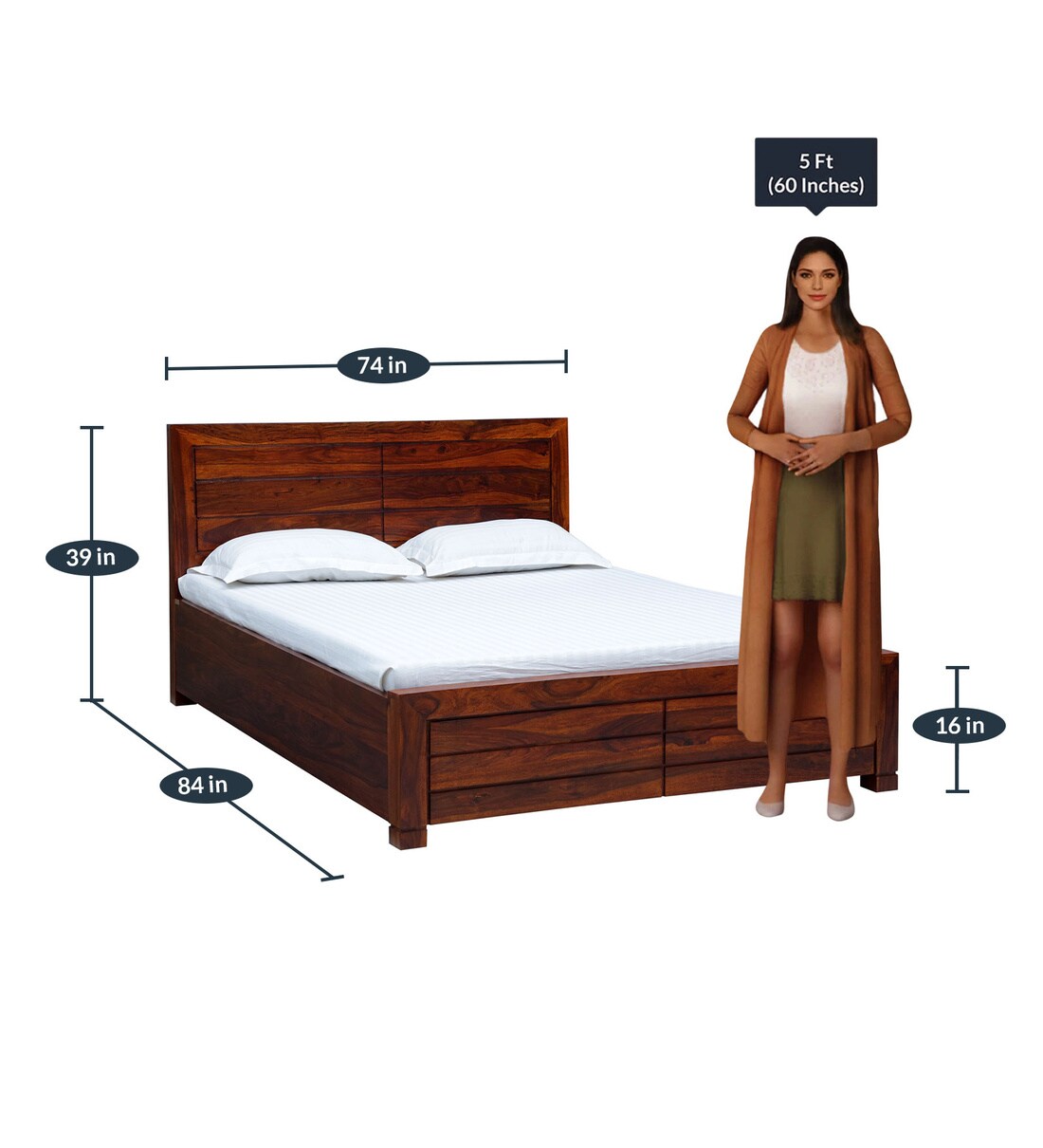 Buy Segur Solid Wood King Size Bed With Box Storage In Honey Oak Finish
