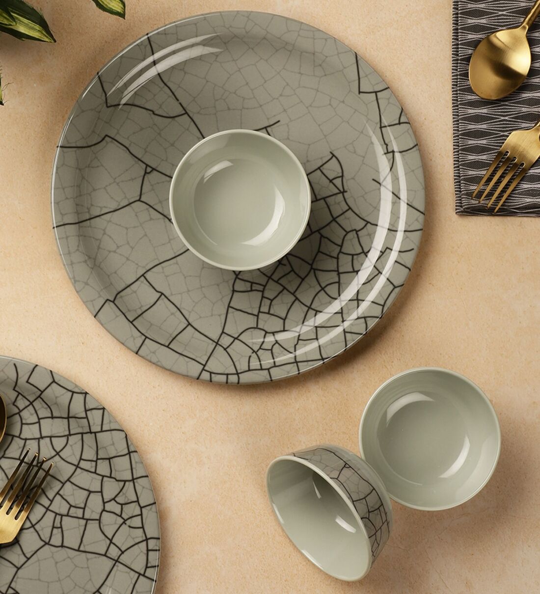 Buy Servewell Veins Grey (Set of 18) Dinner Set by Vareesha Online