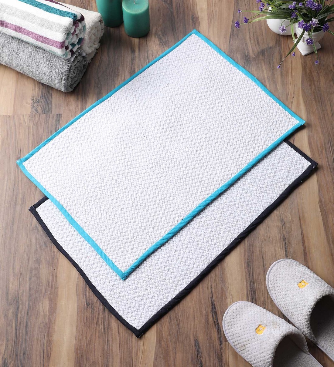 Buy White Cotton Plain Solid 24X16 Inches Max Absorbent Bath Mat (Set