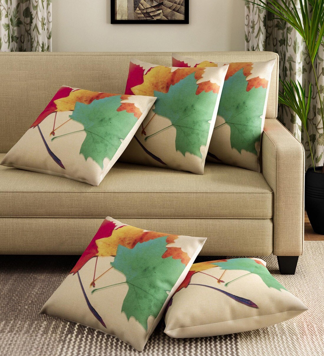 Buy Jute Floral Pattern 16x16 Inch Cushion Covers (Set Of 5) by Romee