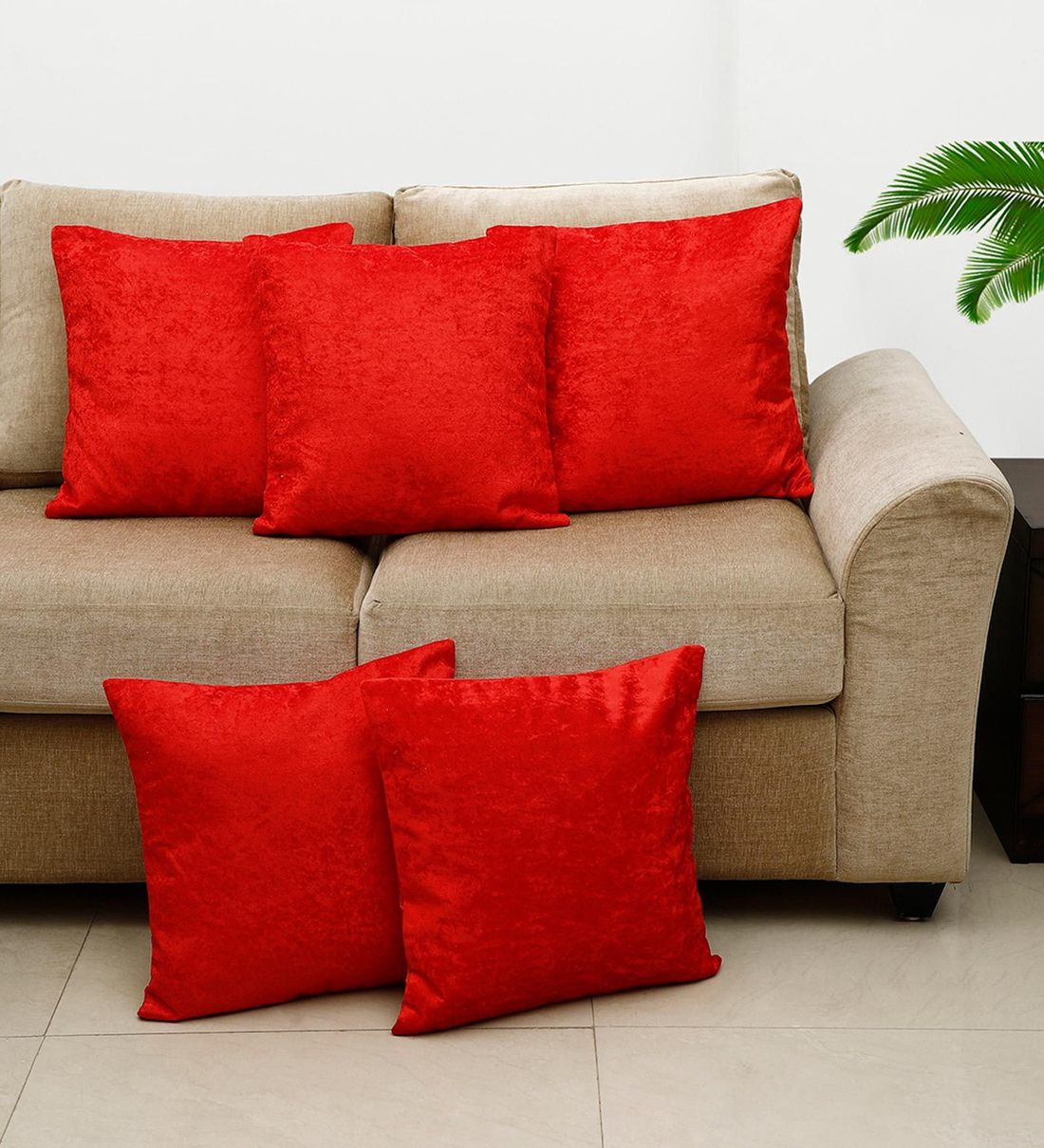 Buy Red Solid Velvet 16 x 16 Inches Cushion Covers (Set of 5) by Hosta