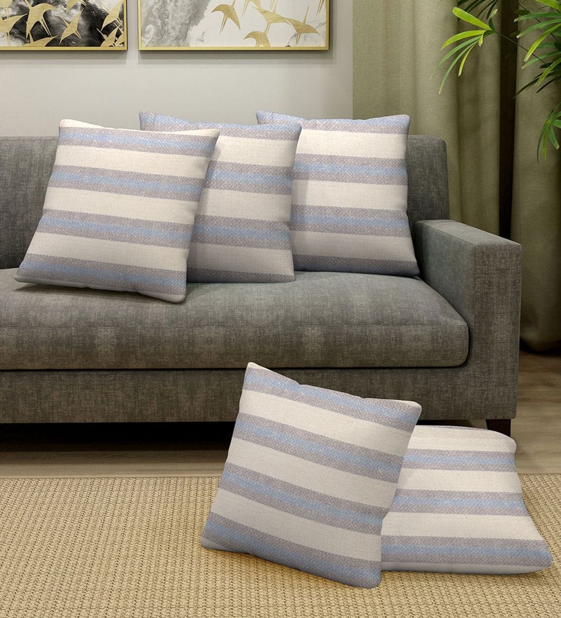 Buy Set of 5 Striped Cotton White Cushion Covers 16x16 Inches by