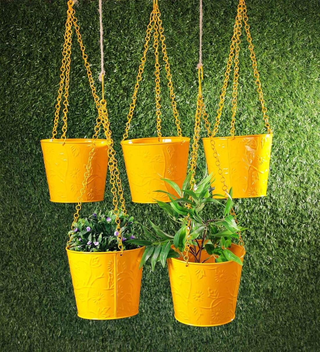 Buy Yellow Galvanized Iron Hanging Bucket Planter, Set of 5 by Green