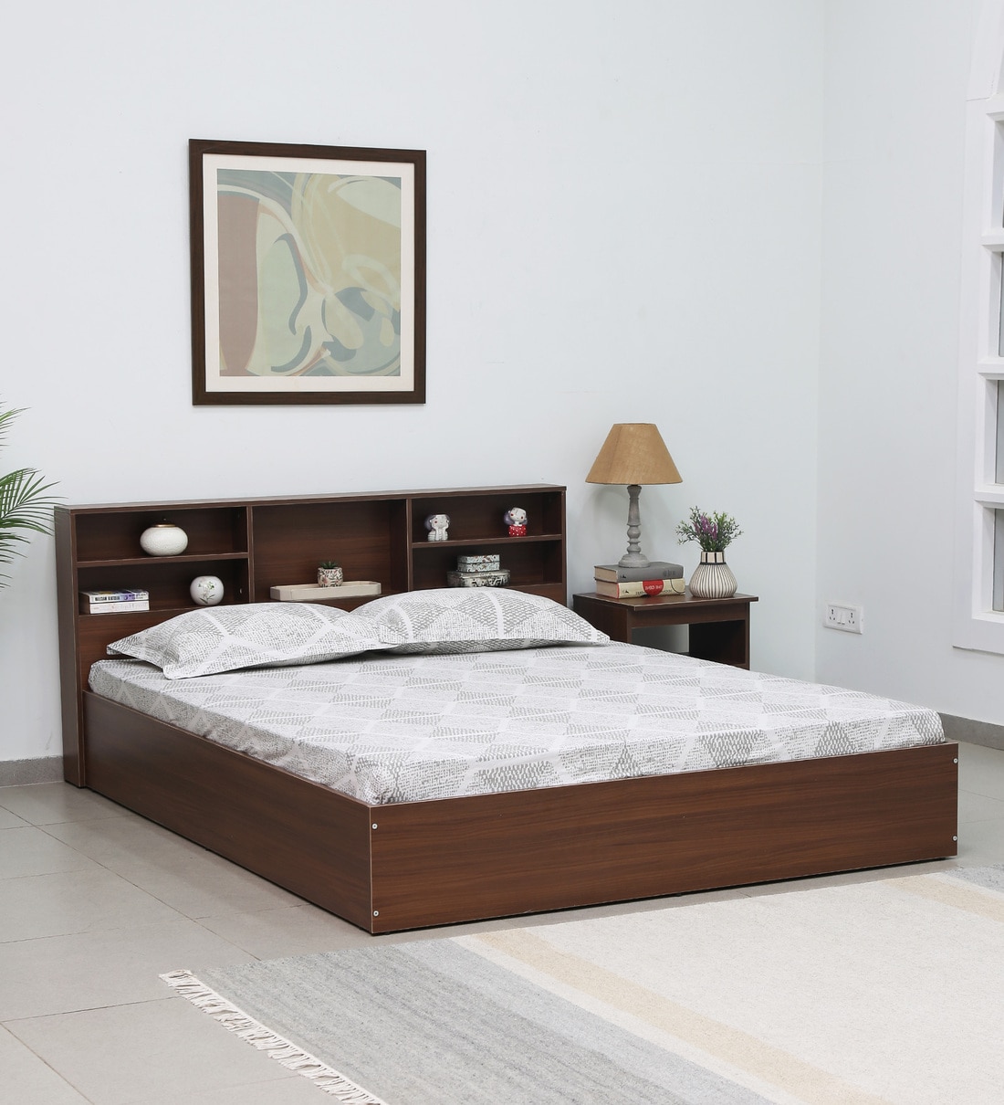 Buy Seto King Size Bed in Planked Walnut Finish with Box Storage