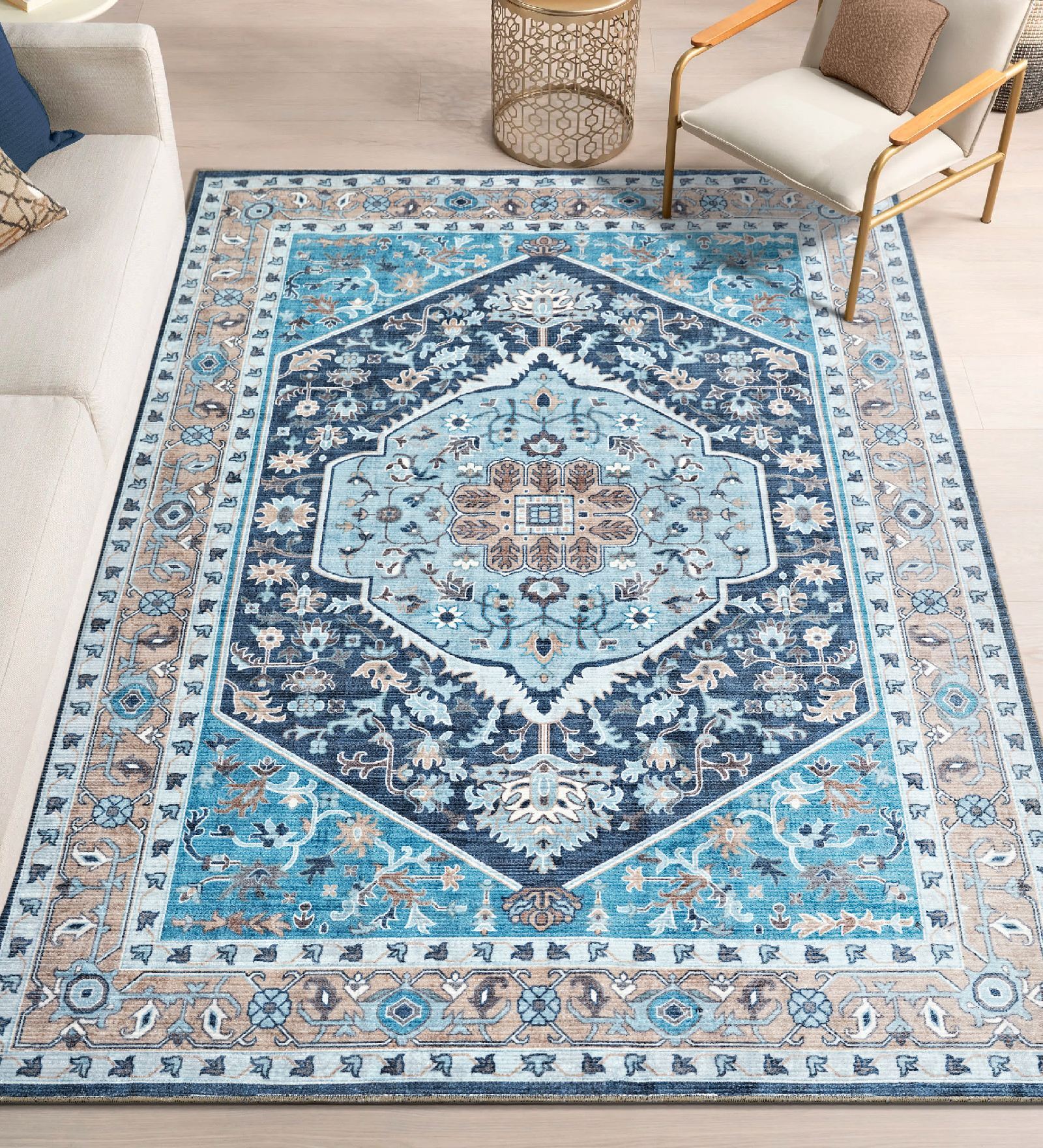 Sea Blue Traditional Polyester 9 ft x 12 ft Machine Made Carpet