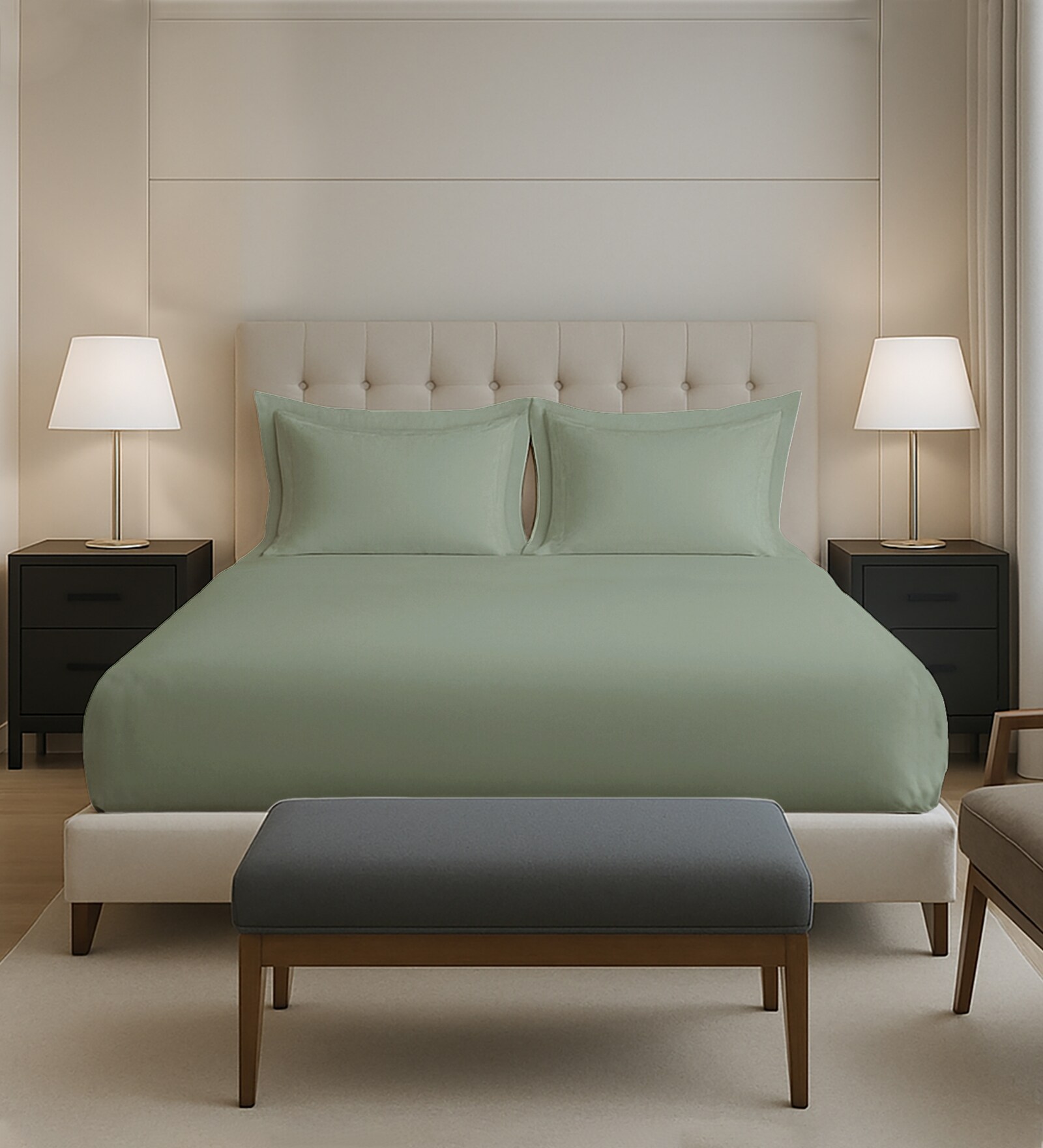 Sea Foam Solid 400 TC Cotton Queen Sized Fitted sheet with 2 Pillow Covers