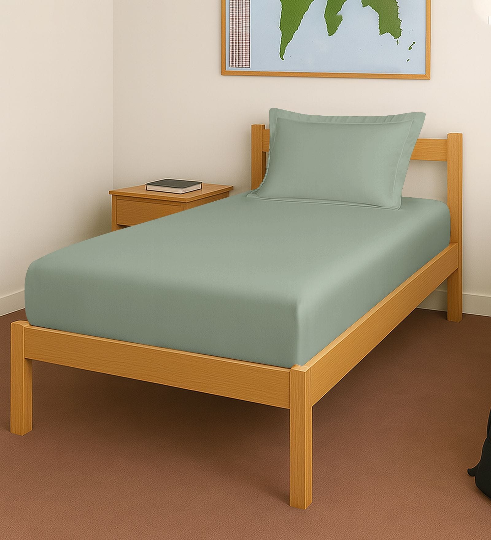 Sea Foam Solid 400 TC Cotton Single Sized Fitted sheet with 1 Pillow Cover