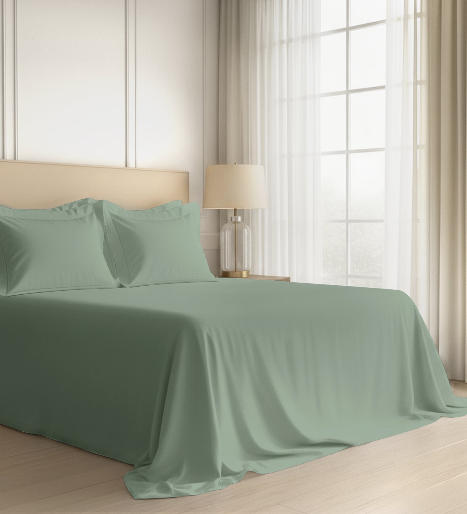 Sea Foam Solid 600 TC Cotton Super King Sized Bedsheet with 4 Pillow Covers