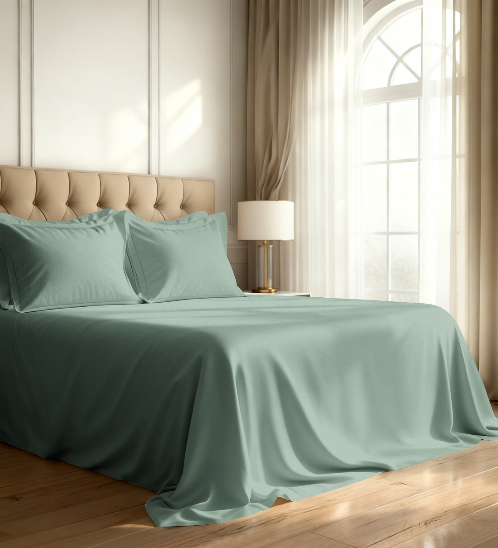 Sea Foam Solid 800 TC Cotton Super King Sized Bedsheet with 4 Pillow Covers