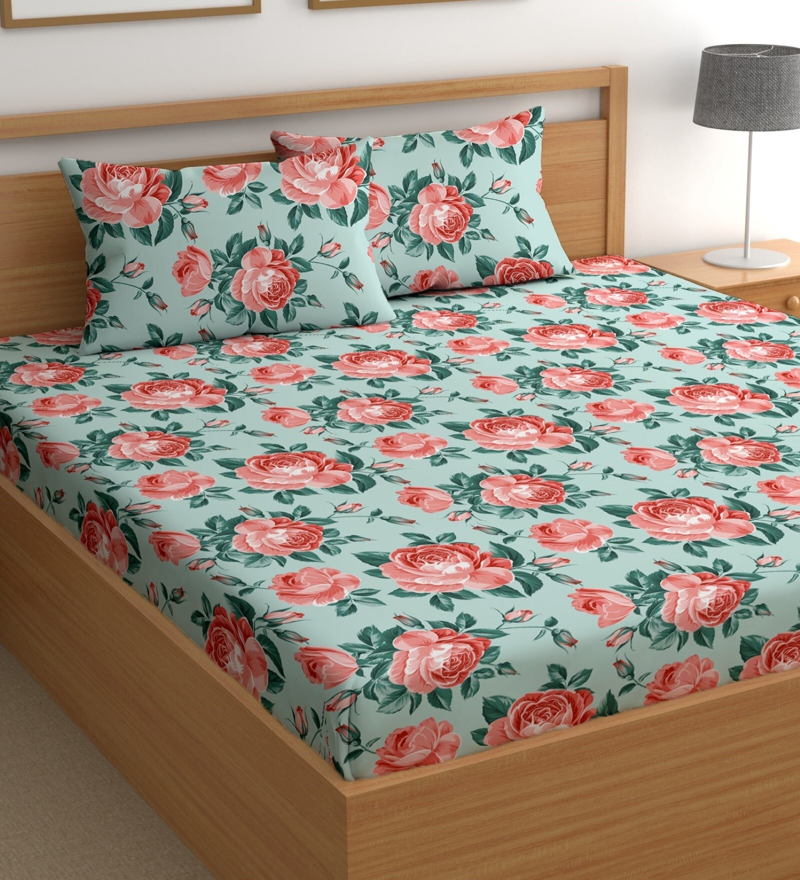 Sea Green 200 TC Floral Cotton Queen Double Bedsheet 2 Pillow covers