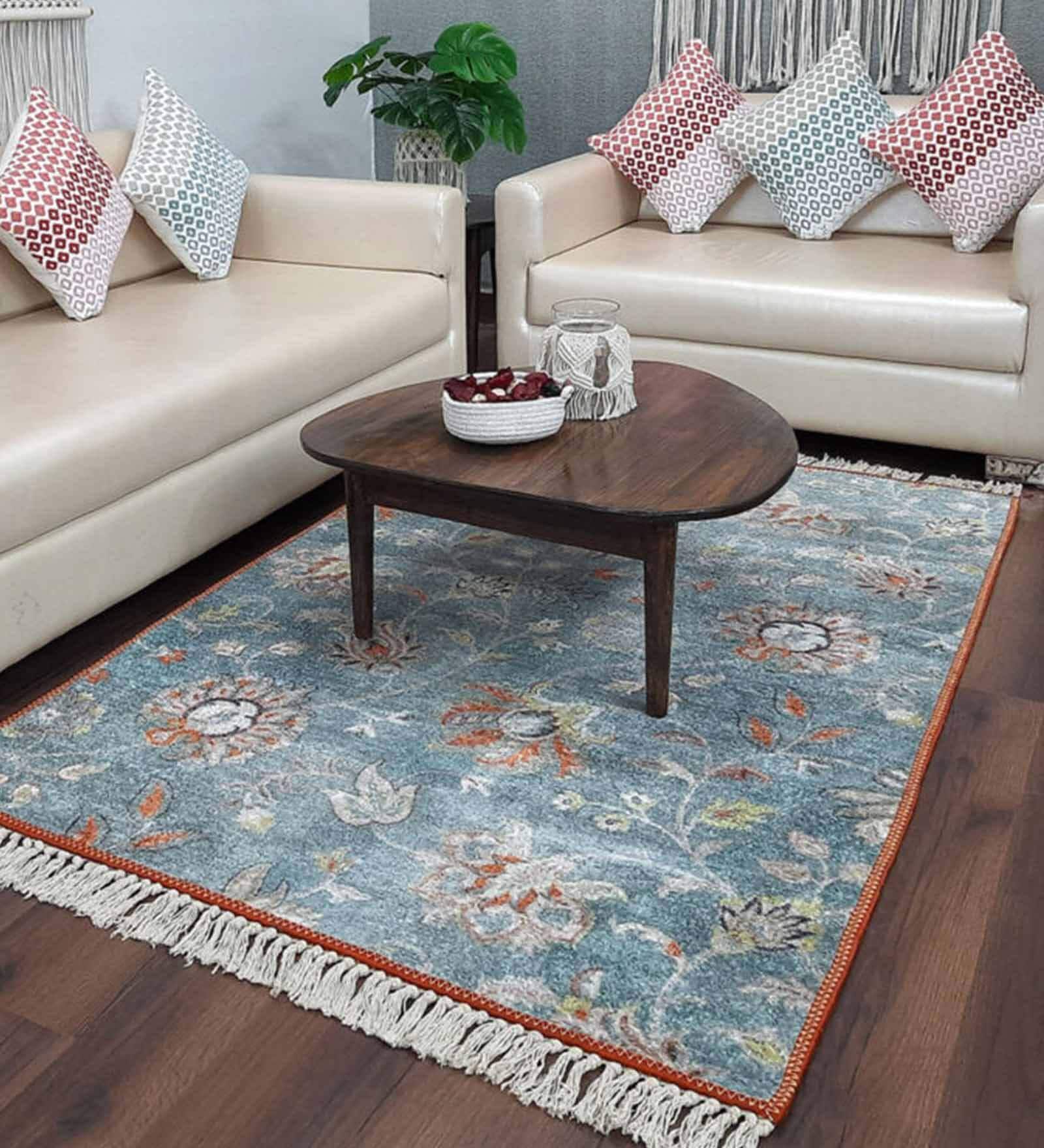 Sea Green Faux Silk Floral 3 x 5 Feet Hand Woven Carpet -Avioni Collection