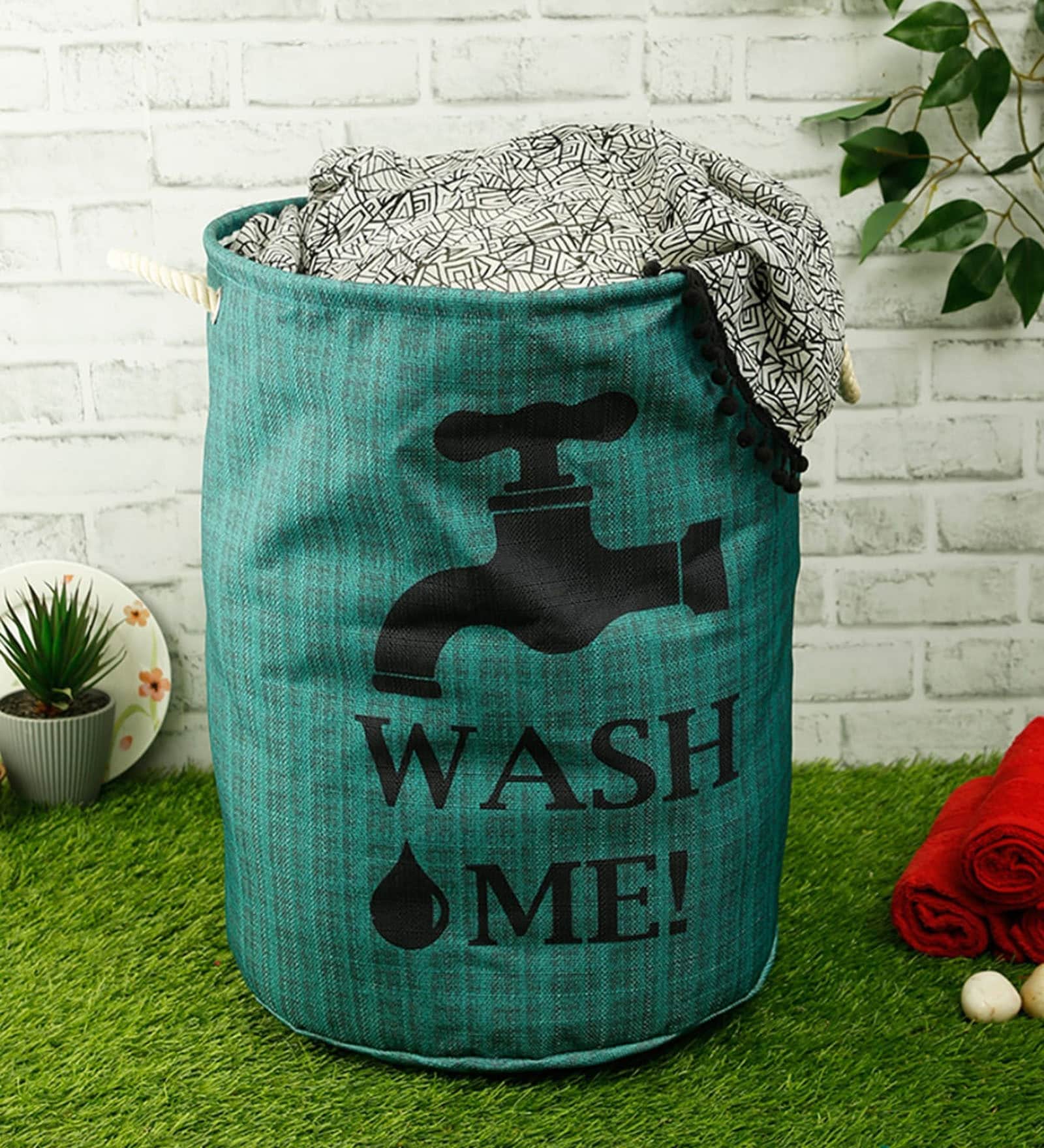 Sea Green Polyester Slub 50 Ltr (1Pc) Laundry Basket with Lid