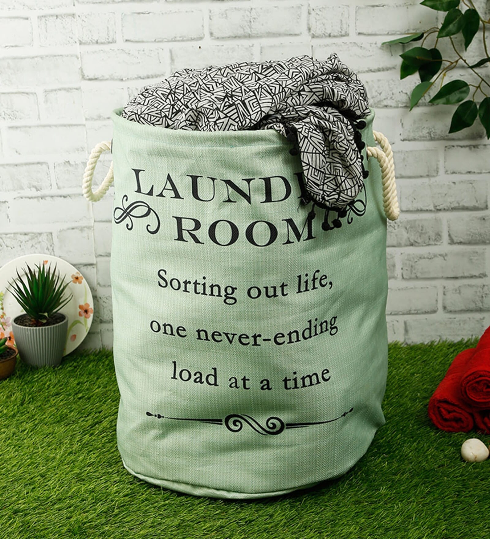Sea Green Polyester Slub 50 Ltr (1Pc) Laundry Basket with Lid