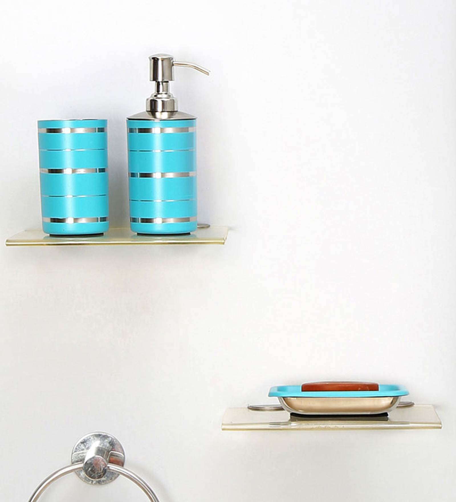 Stainless Steel Counter Top Bathroom Accessories in Blue, Set of 3