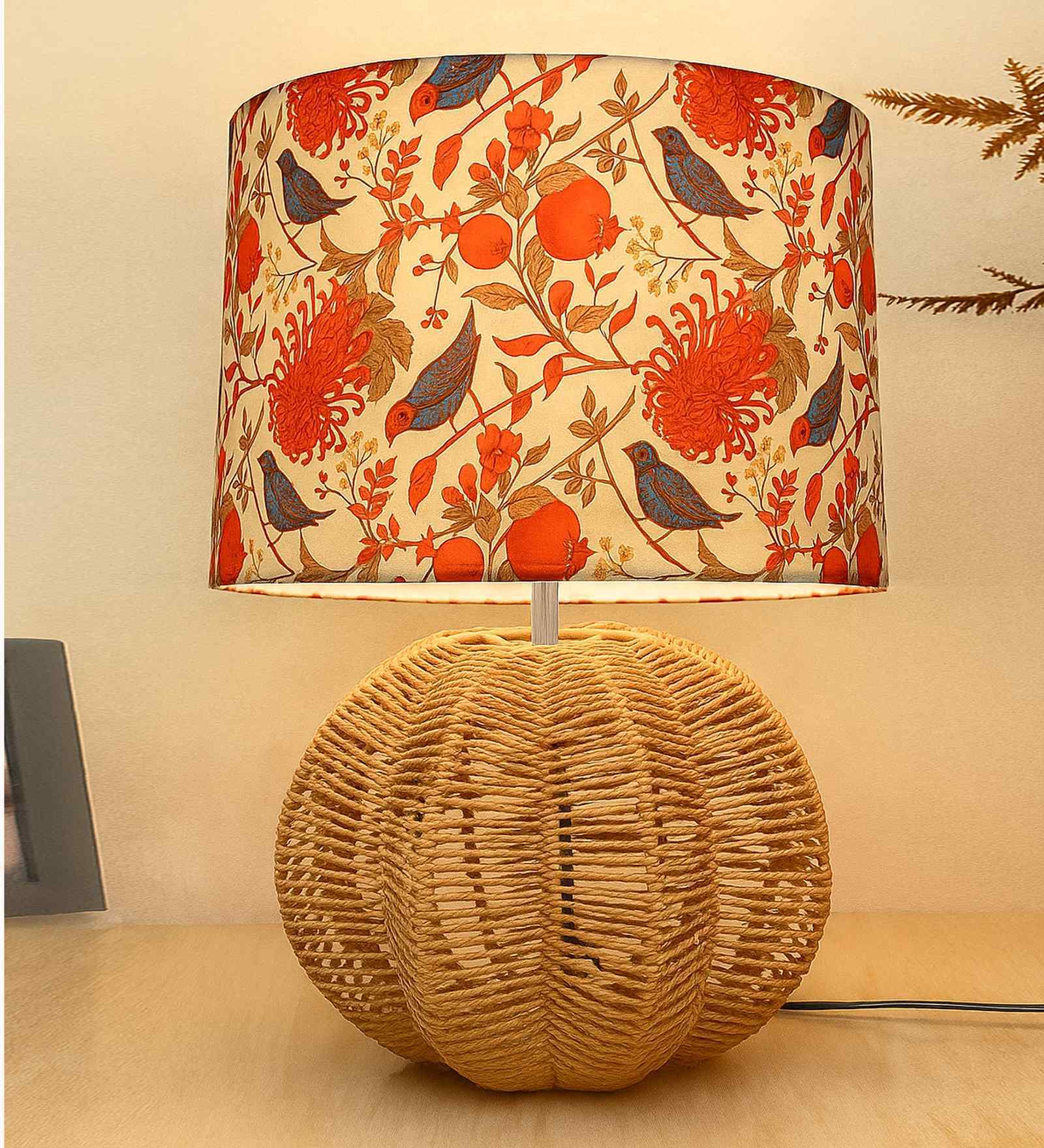 Floral Seagrass Weave Table Lamp Coastal Cottage Bedside