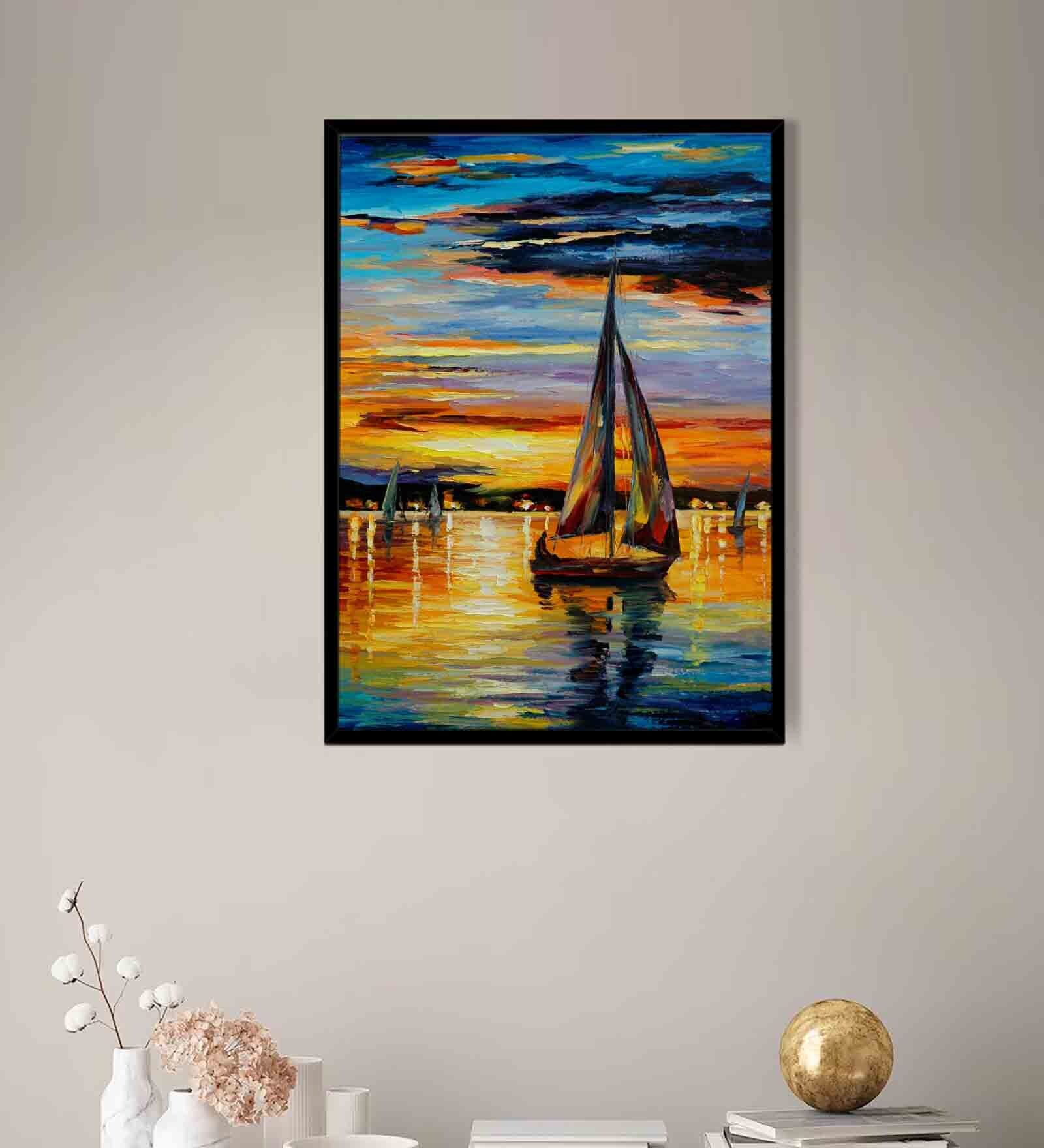 Seascape Sunrise Multicolour Synthetic Wood Framed Canvas Wall Painting