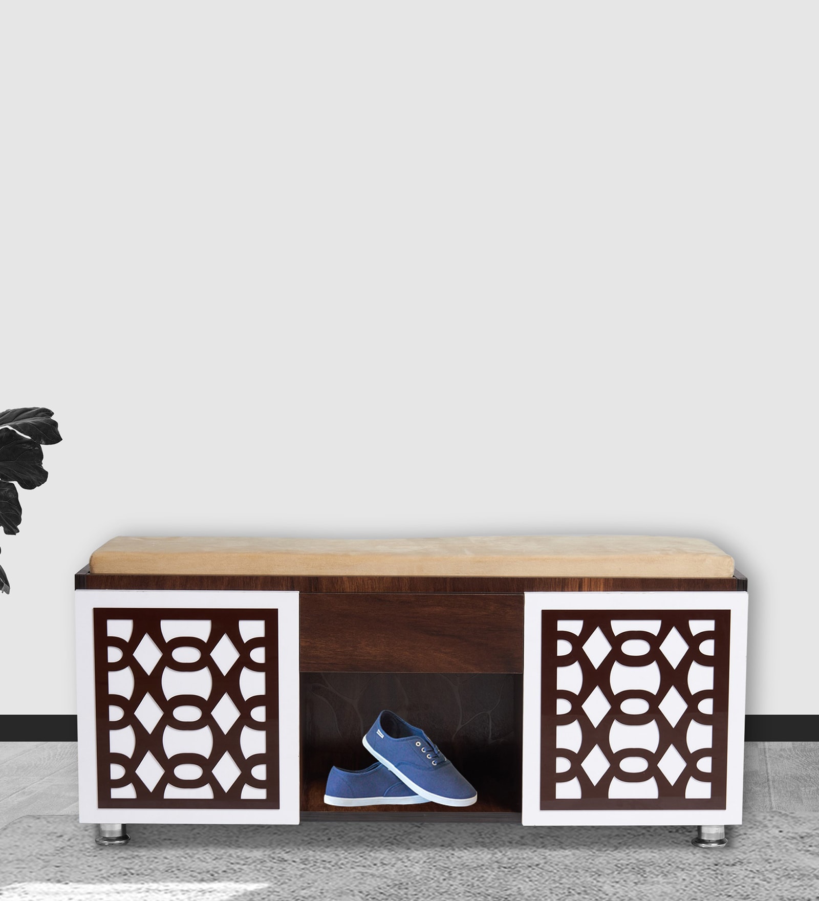 Seat-On Shoe Rack With Seating In Brown Teak Finish
