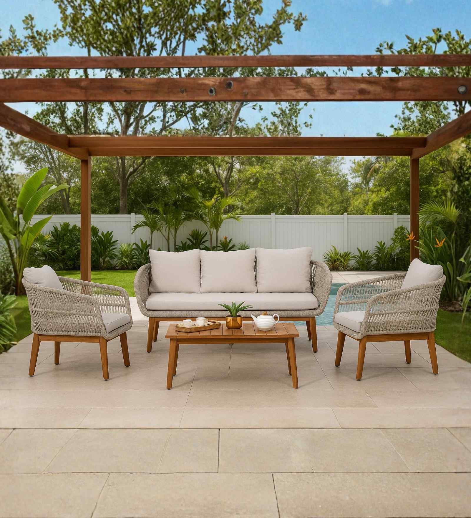 Seattle American Braided Rope Outdoor Table & Chair Set (3+1+1) In Grey Color