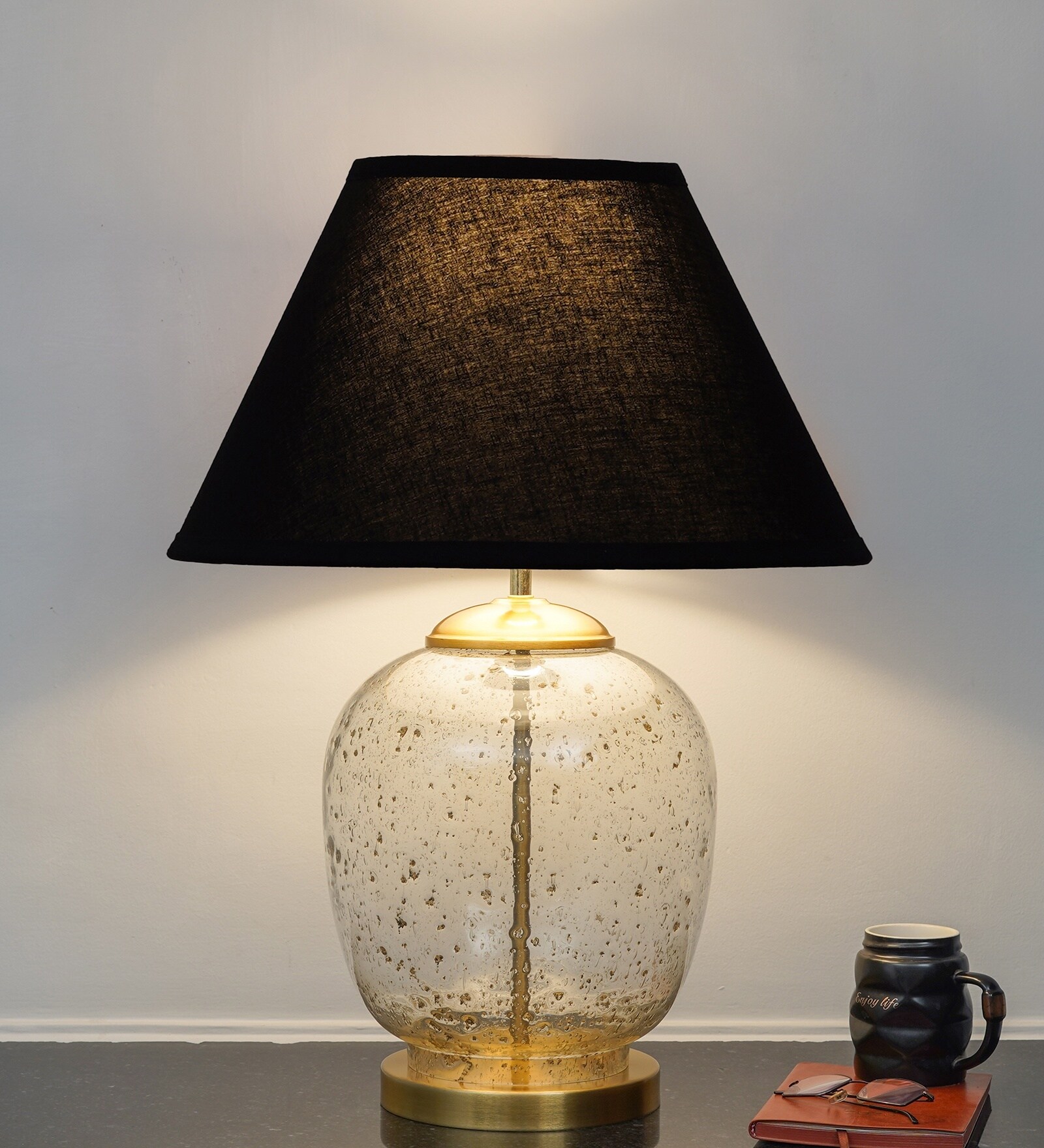Secret Water Droplets On Glass And Brass Finish Metal Large Table Lamp With Black Cotton Shade