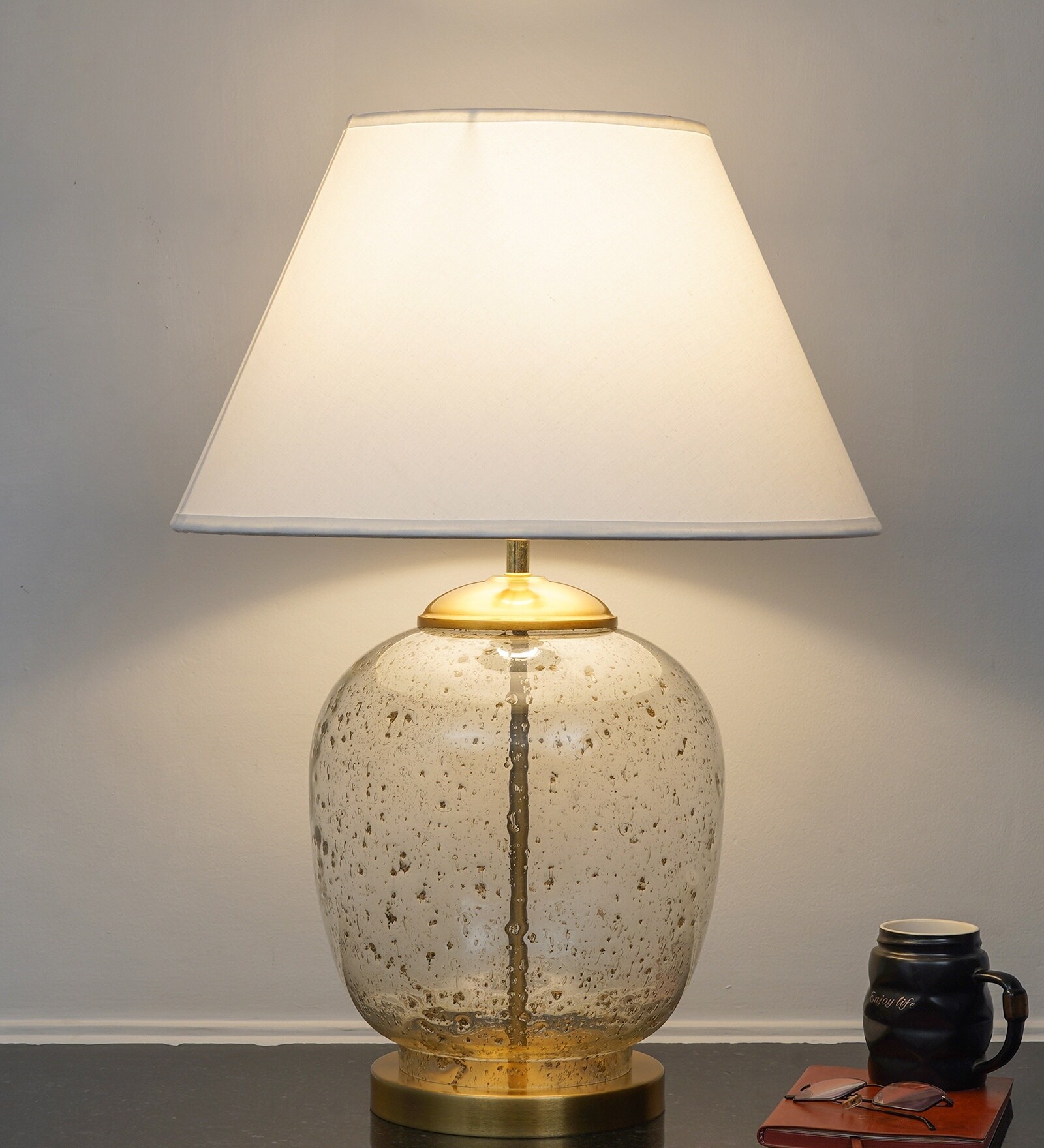 Secret Water Droplets On Glass And Brass Finish Metal Large Table Lamp With White Cotton Shade
